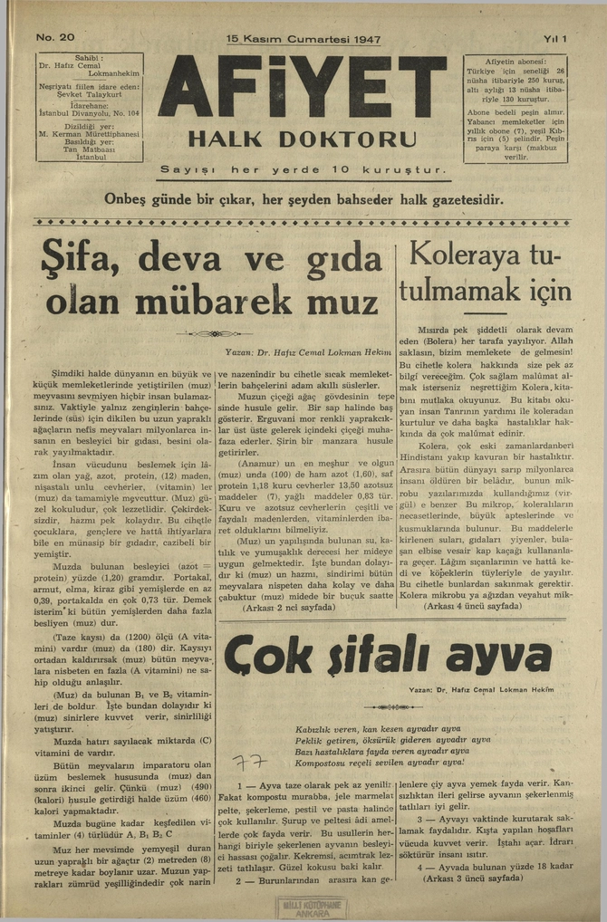 Afiyet. 1947-1948 ŞUBAT-ARA.;OCAK-ŞUBAT C.1 S.1-26 Sayı 20 (1956 ALF A25)