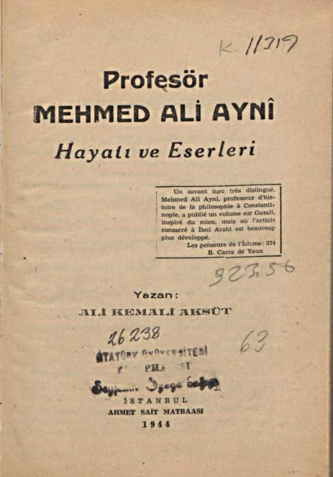 Profesör Mehmed Ali Ayni hayatı ve eserleri