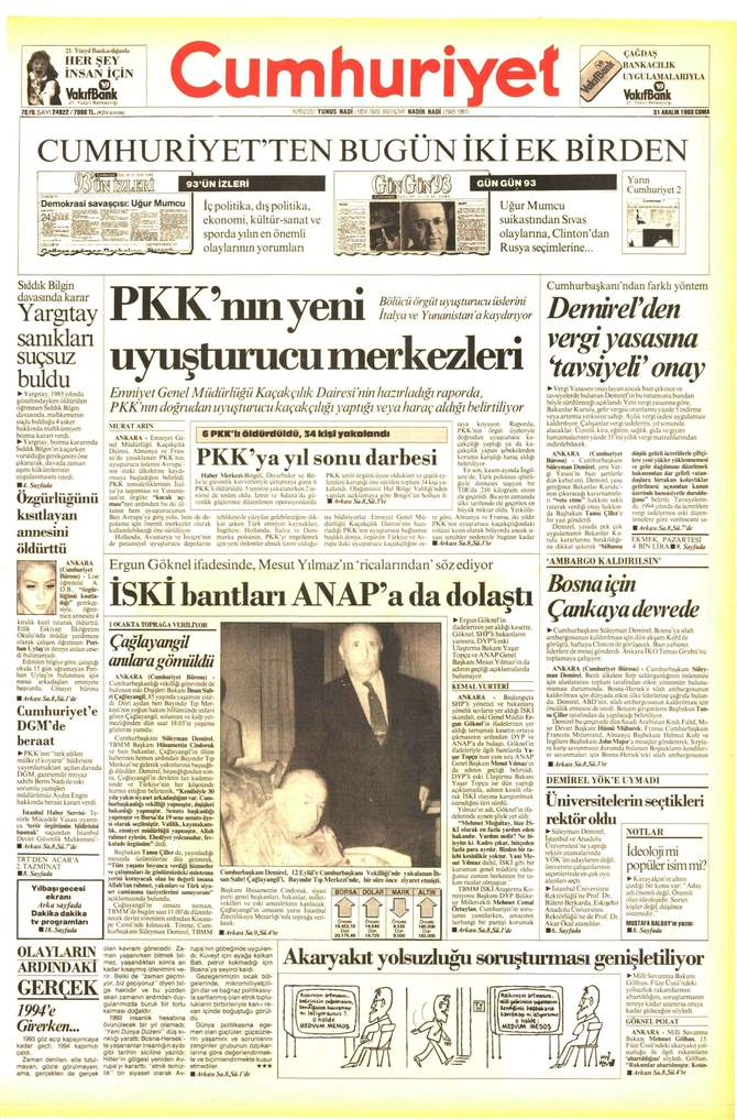 Cumhuriyet Gazetesi - 31.12.1993